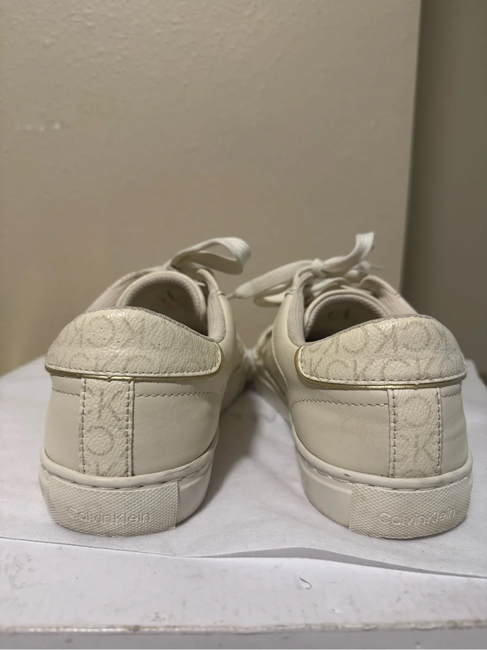 Calvin Klein Cream and Off-White Logo Low-Top Sneakers